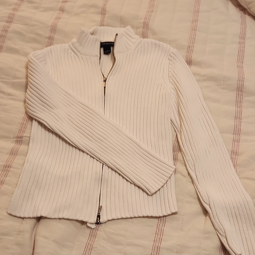 Ann Taylor white ribbed zippered cardigan 100% cotton made in USA size small